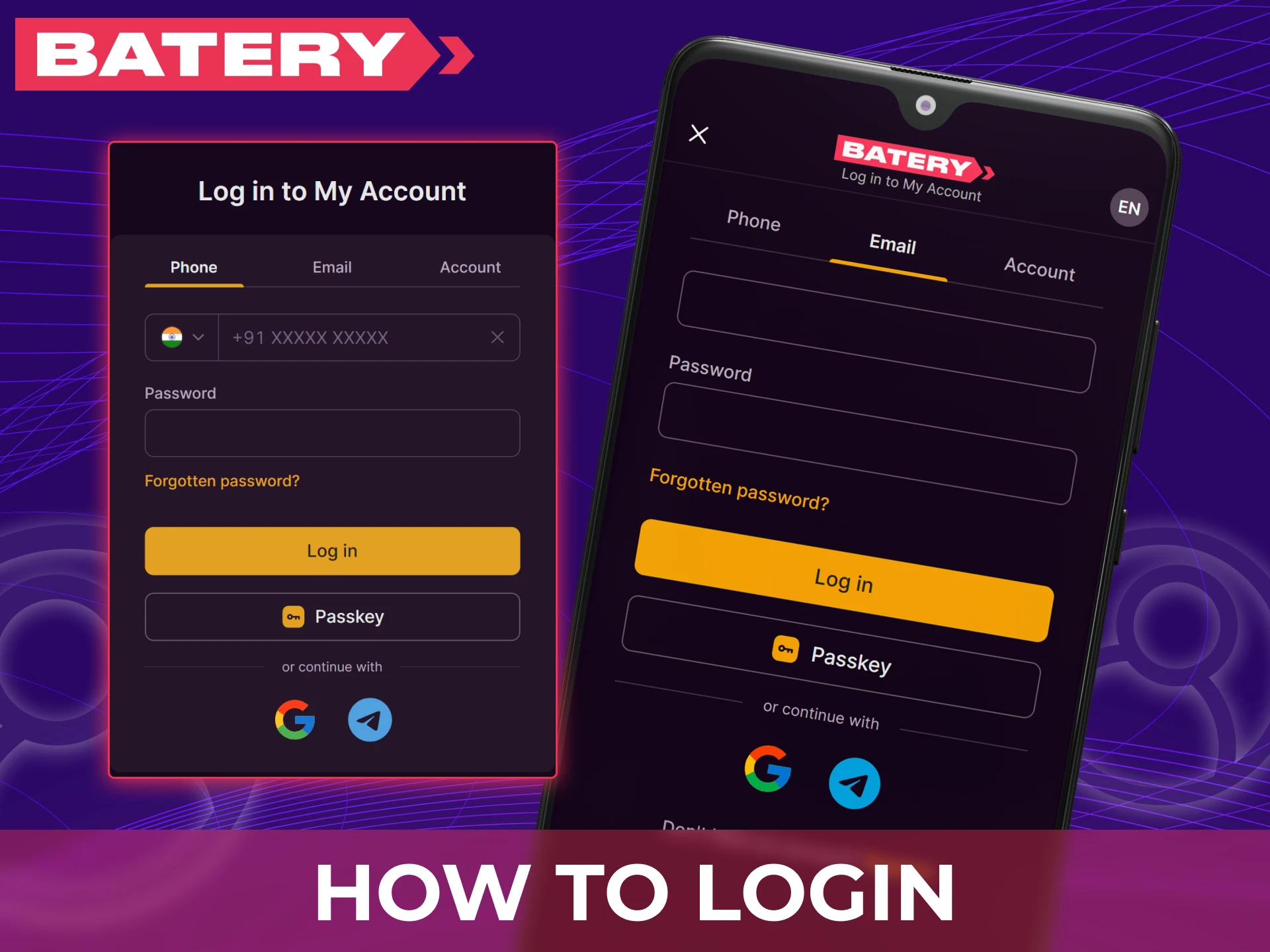 Simple instructions showing how to log into your existing Batery app account on mobile.