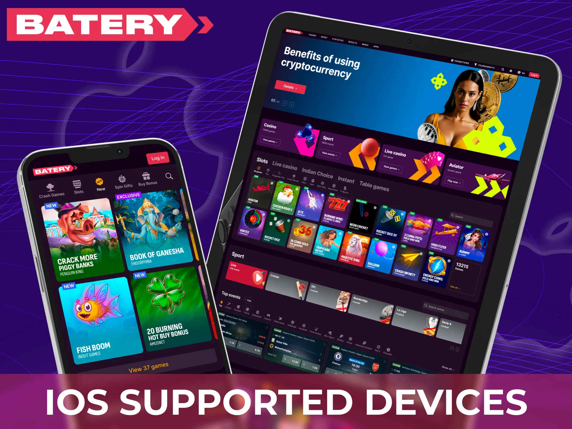 Supported Apple devices for the Batery iOS PWA, including iPhone X–16 series and various iPad models.