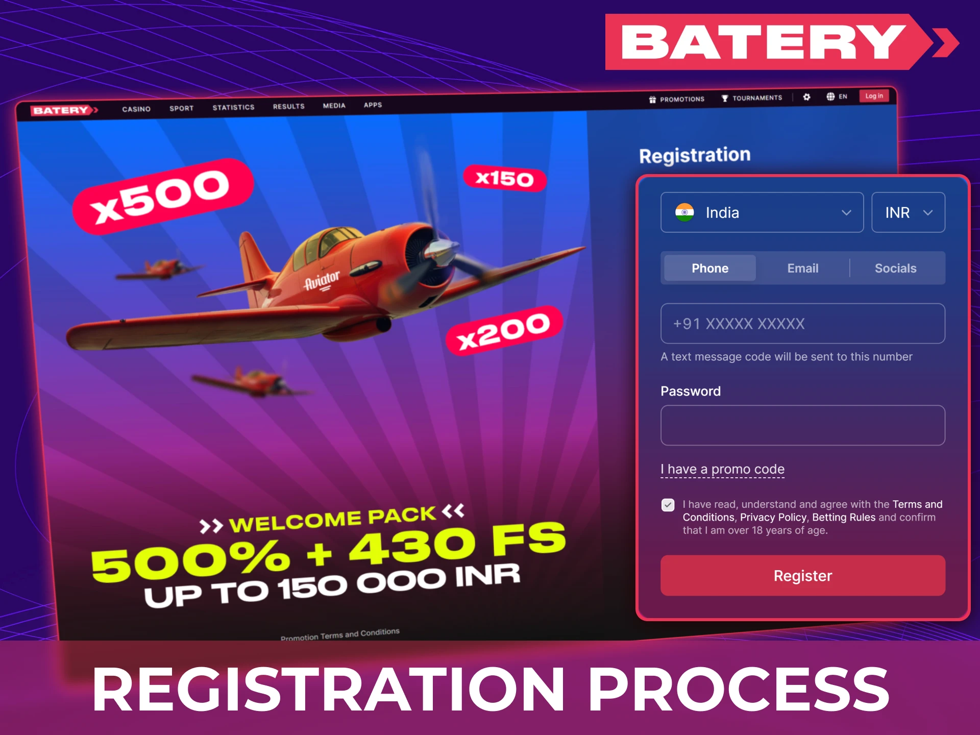 Step-by-step guide showing how to register a new account in the Batery app.