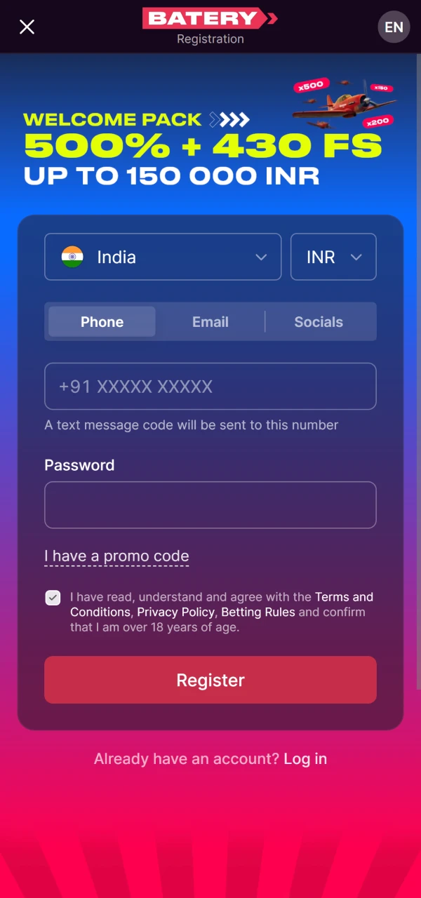 Create your account quickly on the official Baterybet platform.