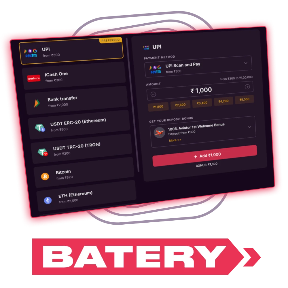 Batery India deposit methods with fast UPI, Paytm, PhonePe, bank cards, and crypto for quick, secure account funding.