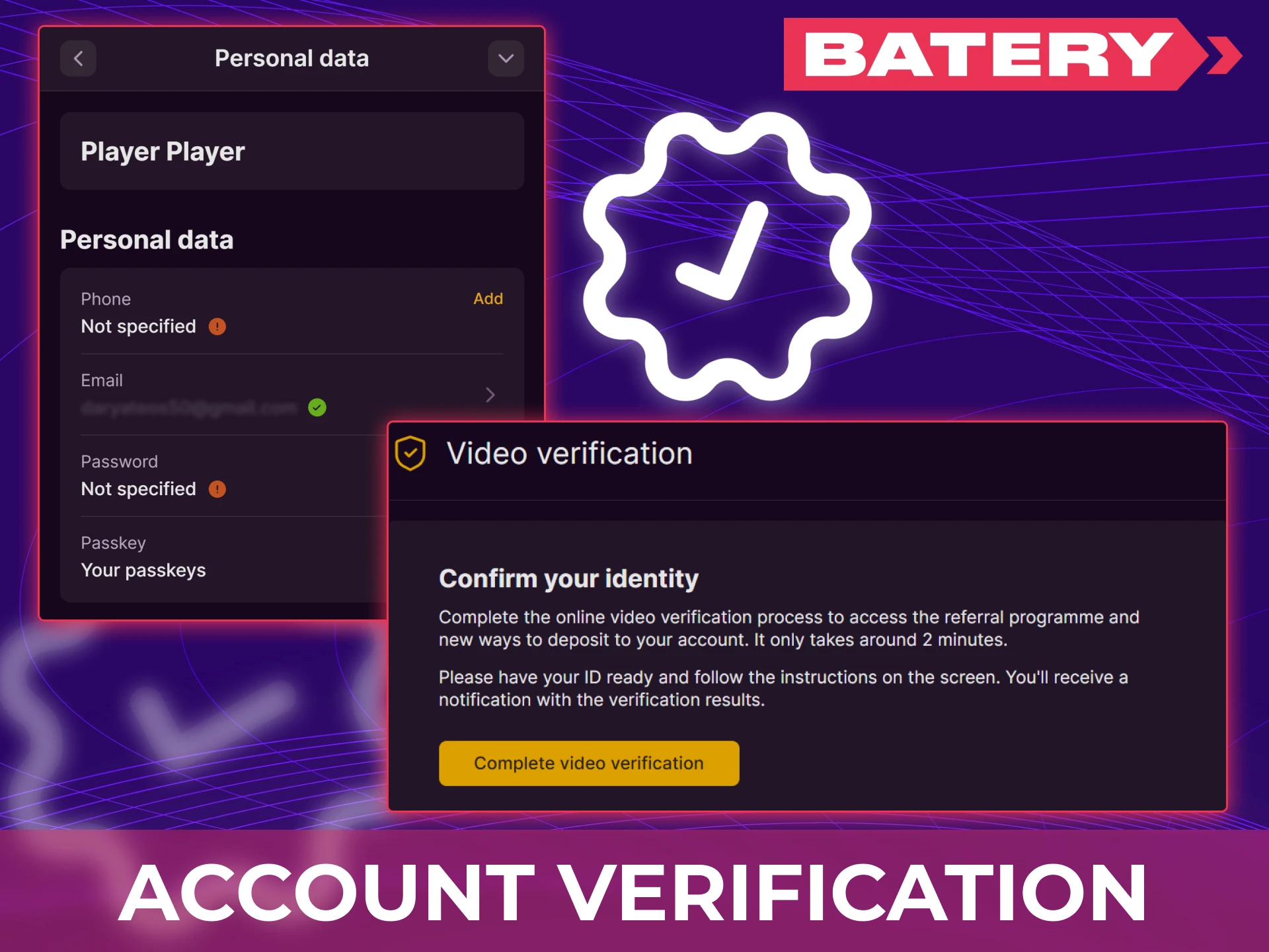 Batery verification page with personal details, contact confirmation, and ID upload for secure account approval.