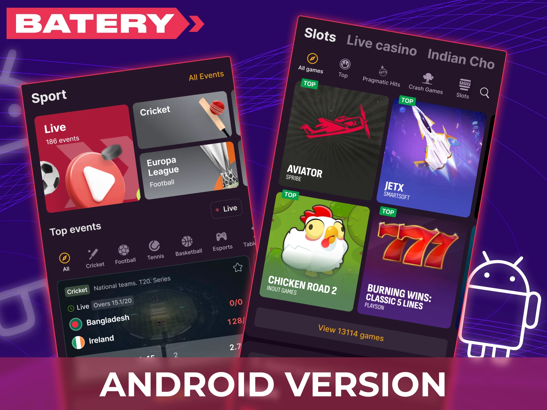 Download and install the Baterybet Android app in India for quick access to casino and sports betting.
