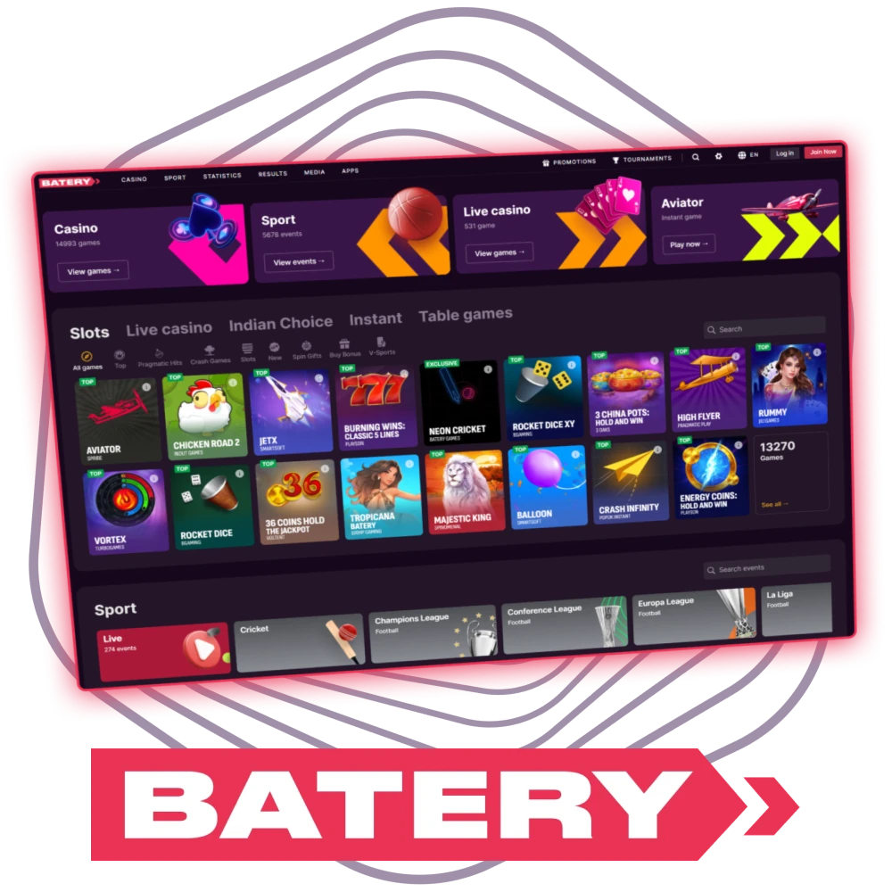 Join Batery India to start betting on sports and playing casino games.