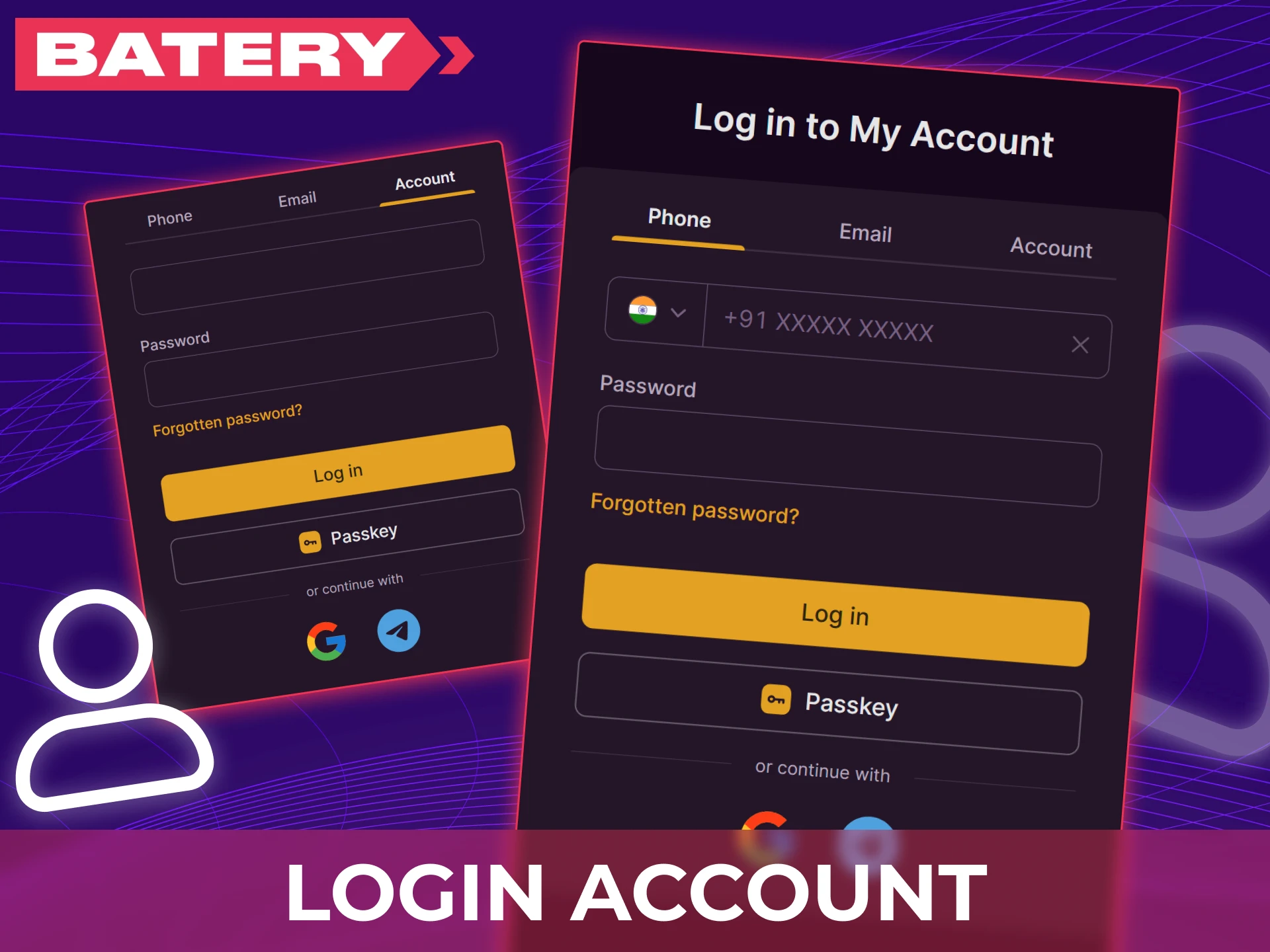 Login screen of Batery Casino showing fields for phone number or email and password with a confirmation button to access the account and start playing casino games or placing bets.