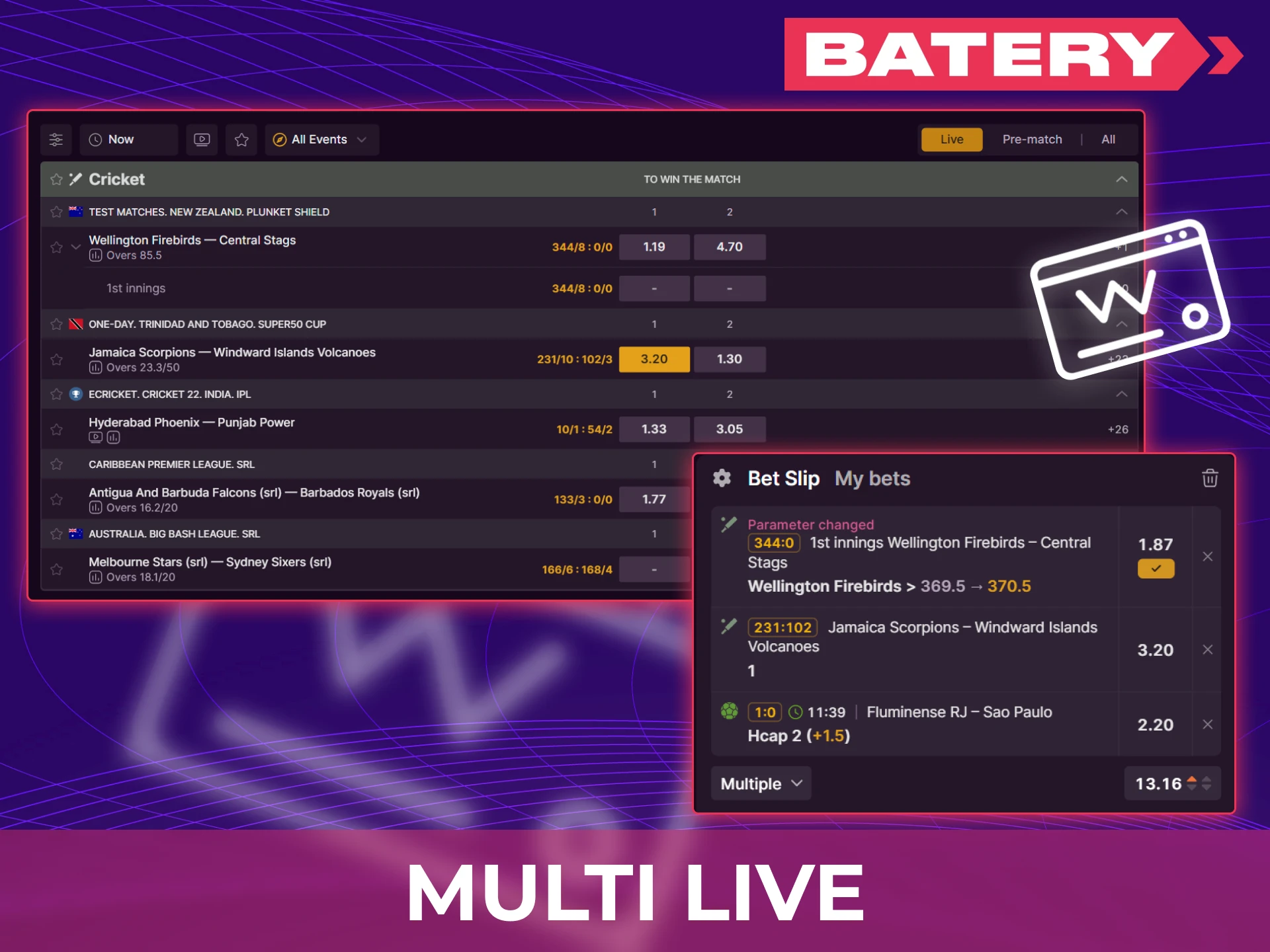 Track multiple live matches on one screen for instant betting.
