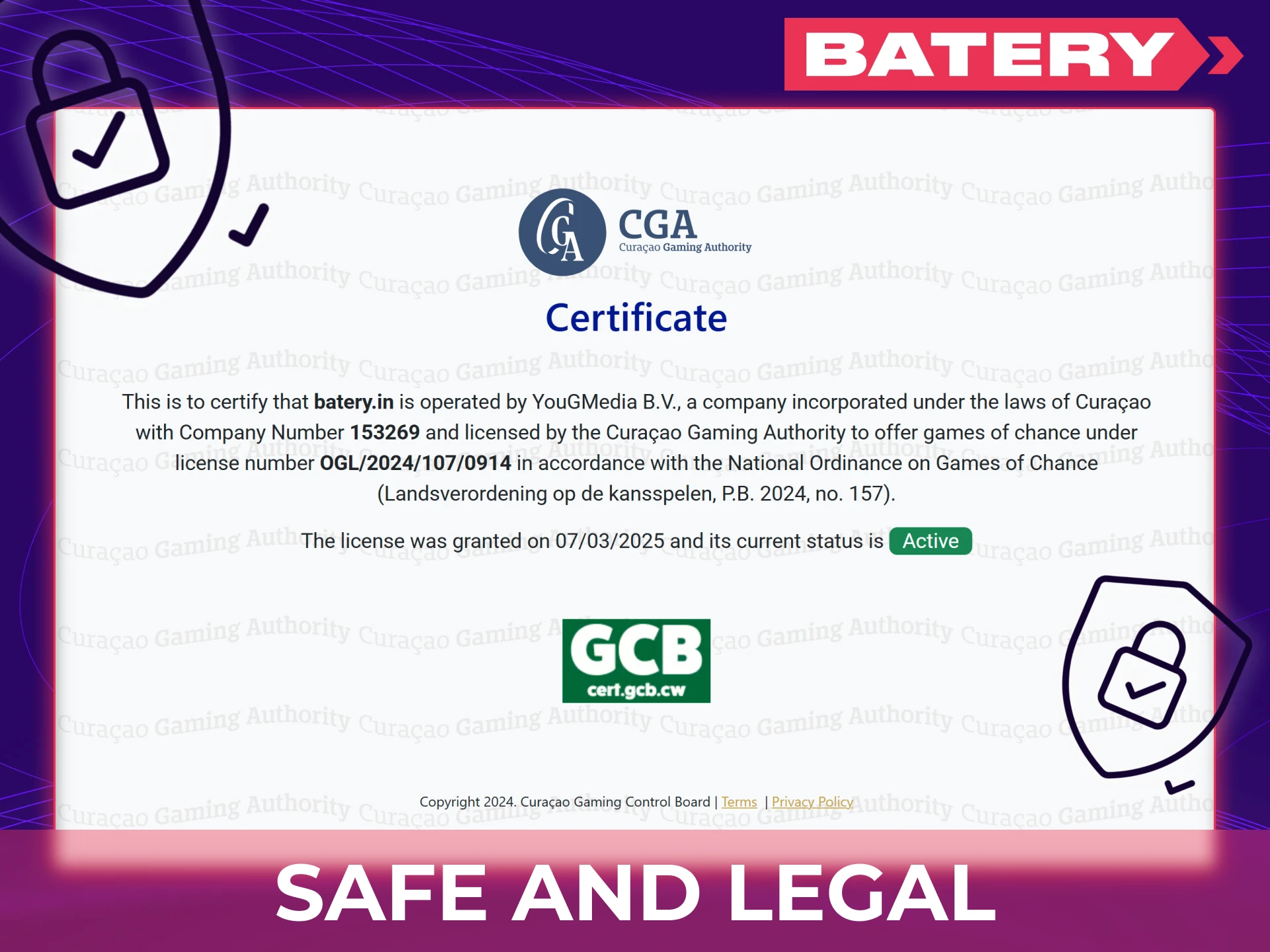 Baterybet is a safe and legal platform in India operating under a valid Curaçao license, ensuring fair play, secure user data, transparent payments, and allowing only users aged 18 and above to bet responsibly.