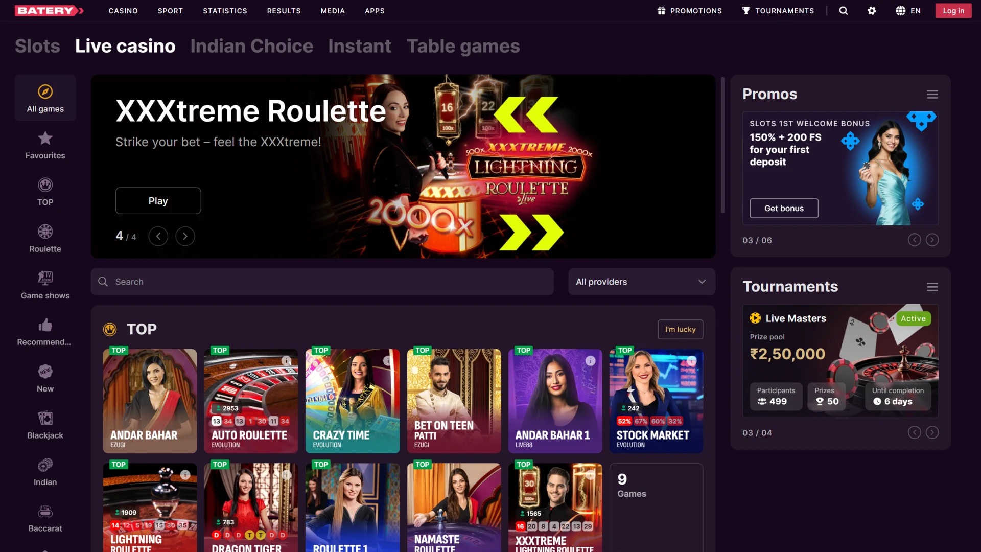 Batery casino interface displaying slots, table games, and live dealer options.