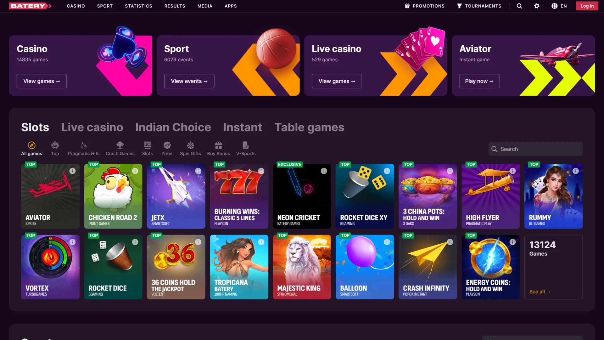 Batery homepage showing quick access to casino games, sports betting, promotions, and account management.