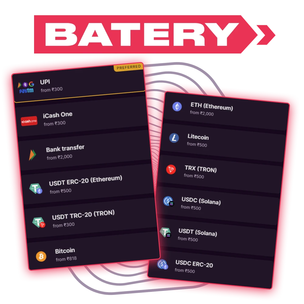 Batery India withdrawal methods with fast UPI, Paytm, PhonePe, bank card and crypto payouts for secure cashouts.