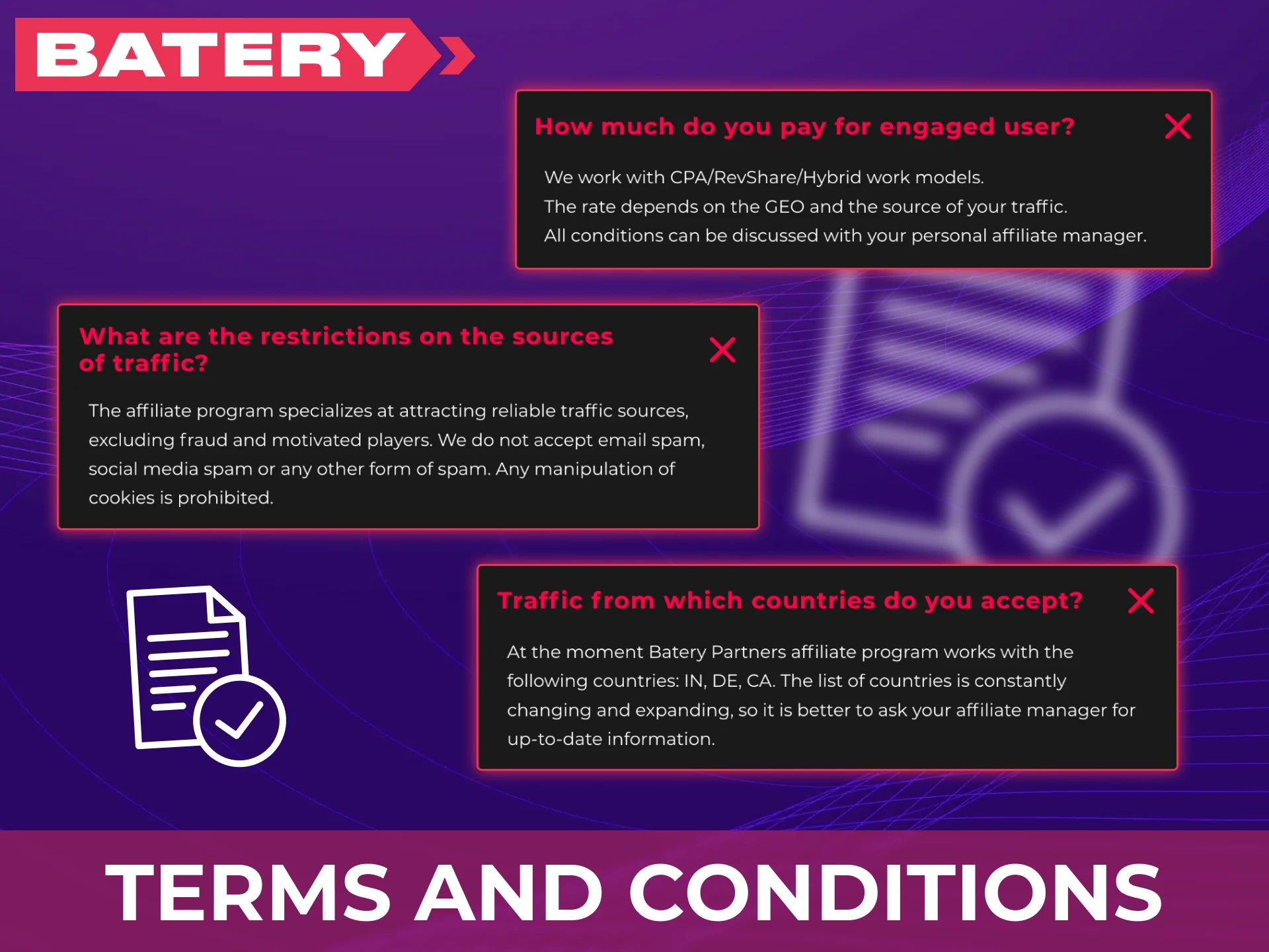Review the terms and conditions of the partner program at Batery.