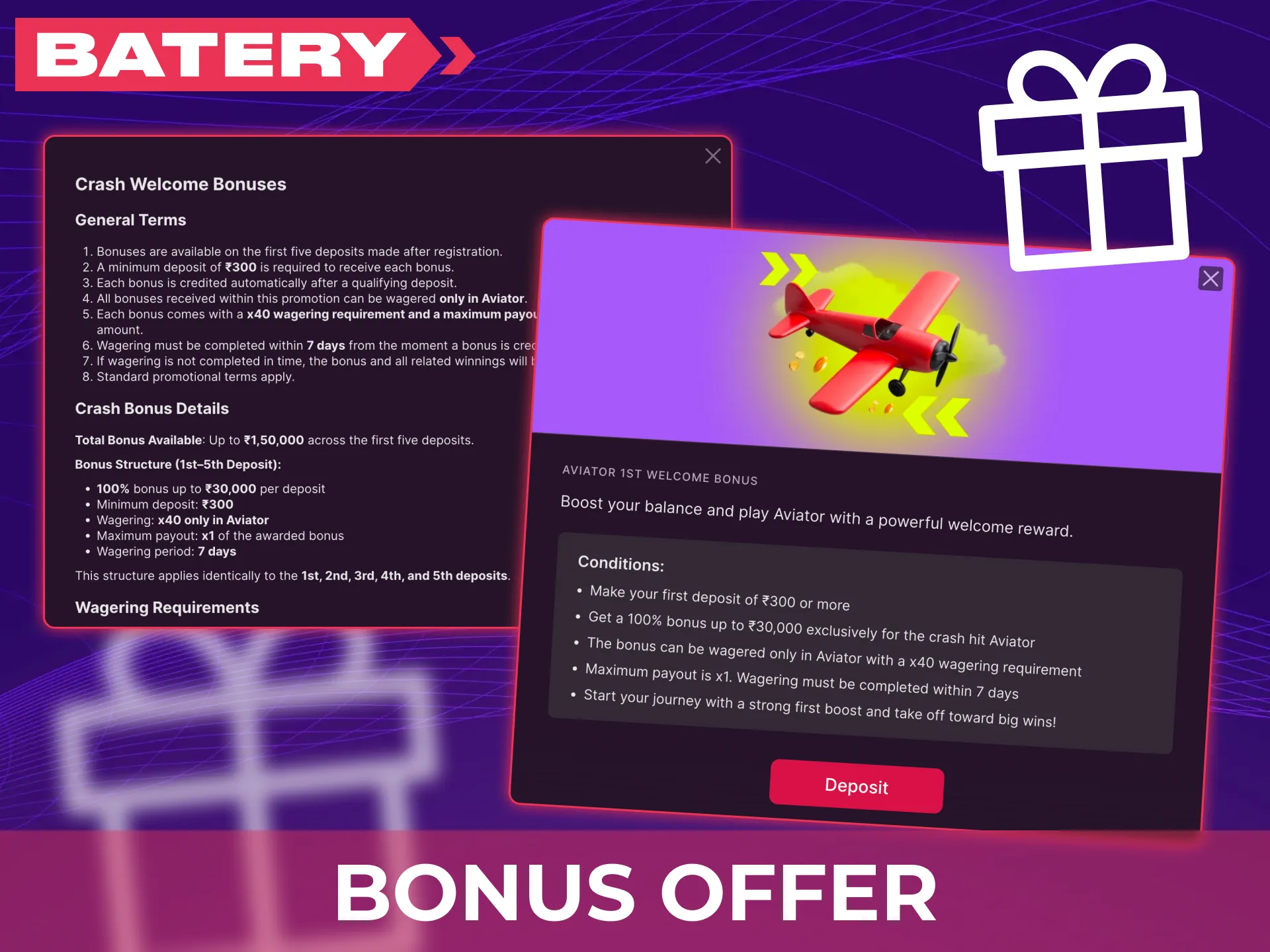 Claim your exclusive percentage Batery Aviator bonus offer to start playing.