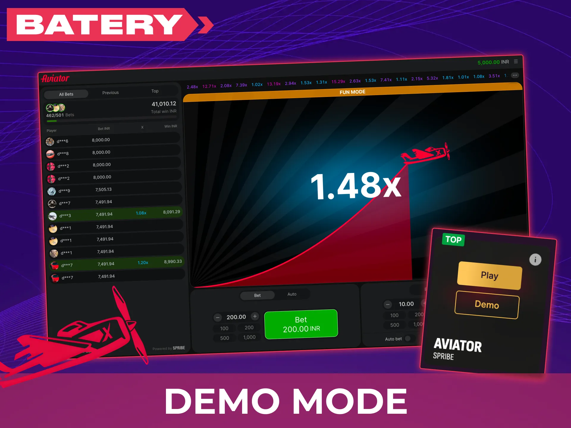 Practice your skills with the free Aviator demo mode on Batery.