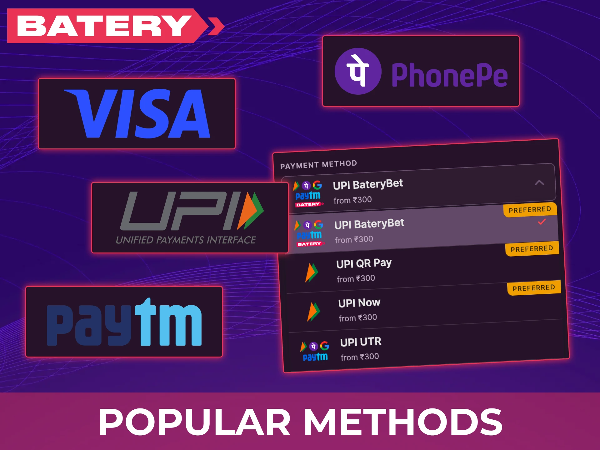 Choose from the most popular deposit methods at Batery today.