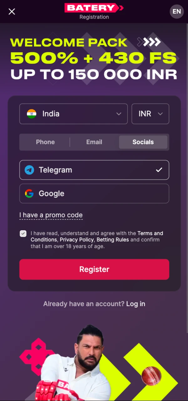 Create account on the Batery official live casino page today.