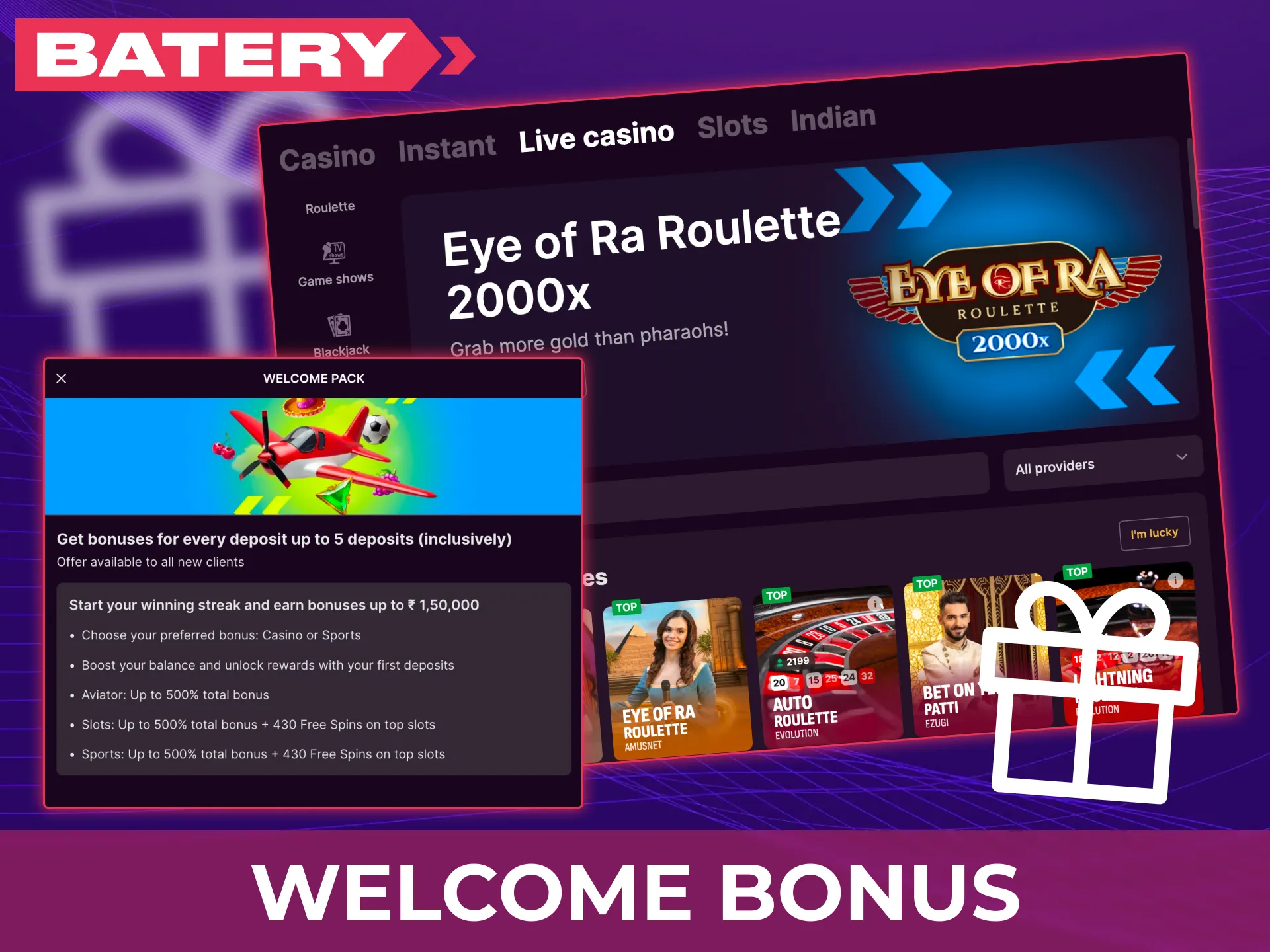 Claim your percentage casino welcome bonus to play at Batery.