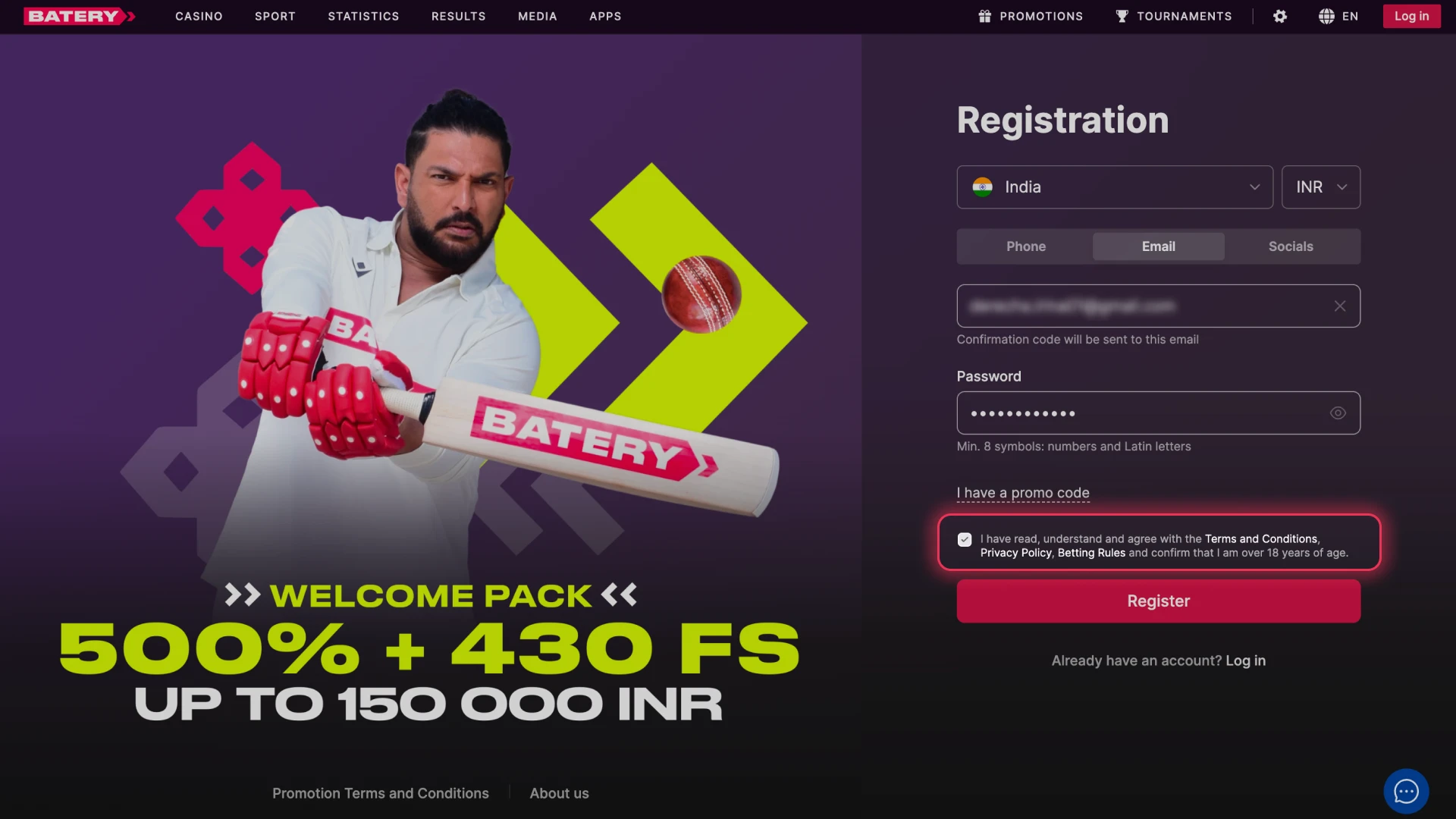 Confirm your location and legal age during the Batery registration process.