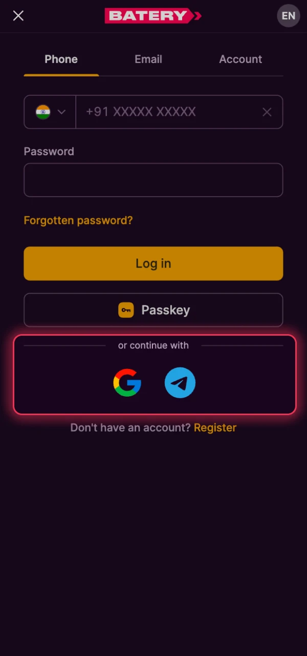 Use the social sign in option for a fast Batery login.