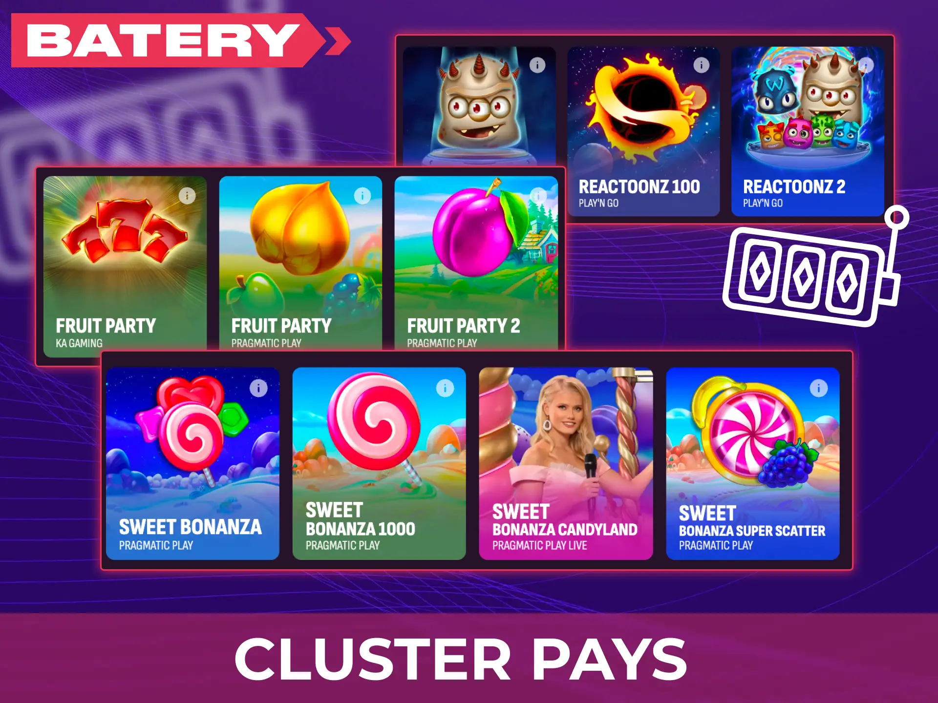 Try unique cluster pays slots at Batery for an engaging experience.