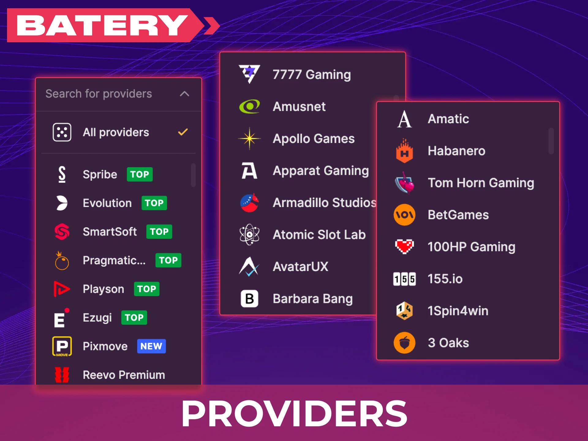 Check out the top-tier Batery slots providers for high-quality gaming.