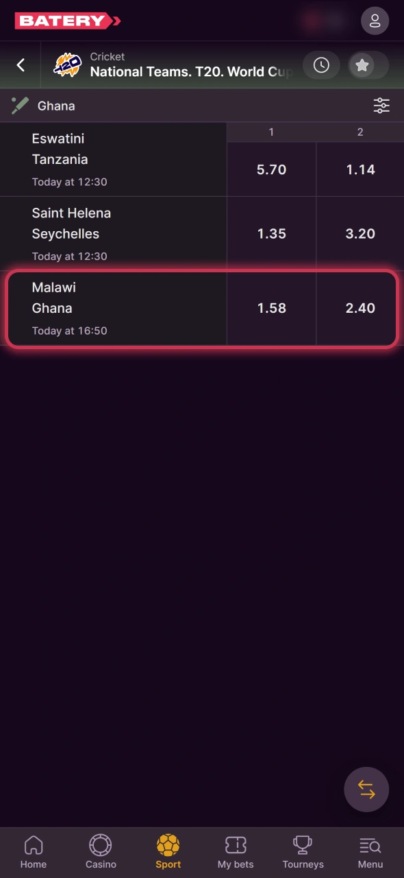 Click on cricket match you want to bet on and place your bets at Batery sportsbook.