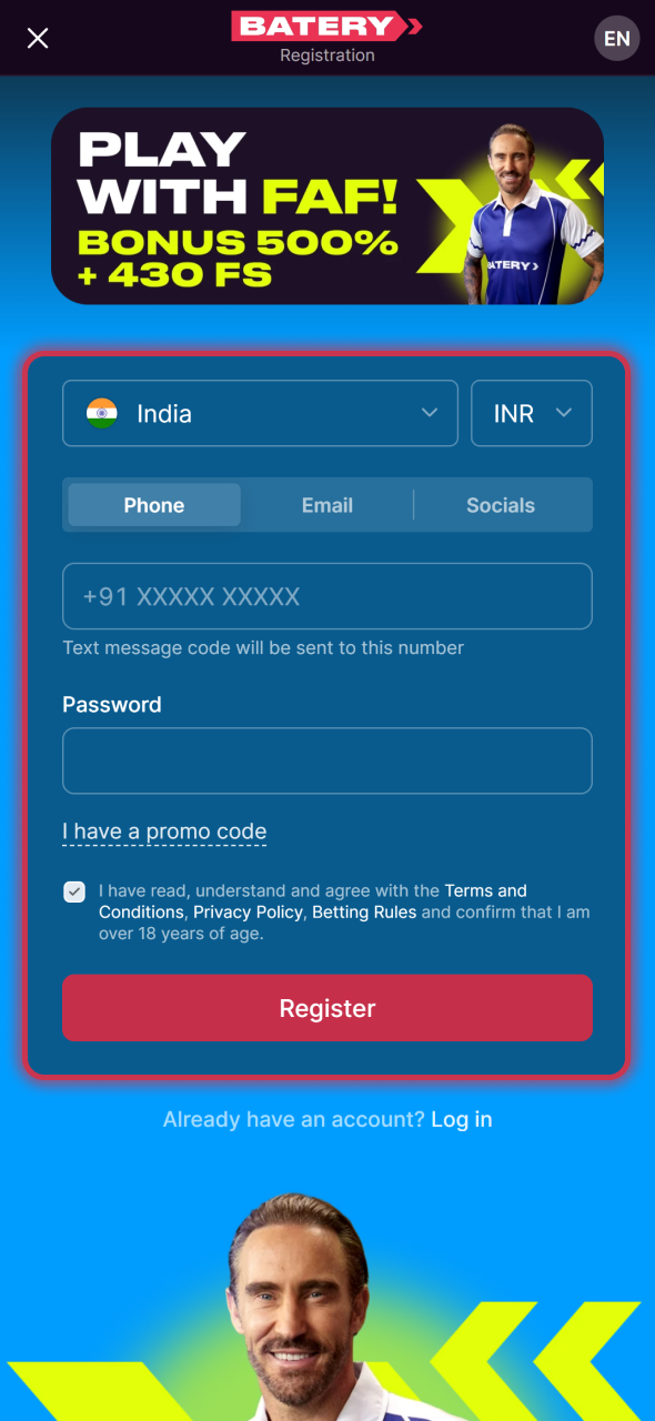 Create your Batery account to start cricket betting.