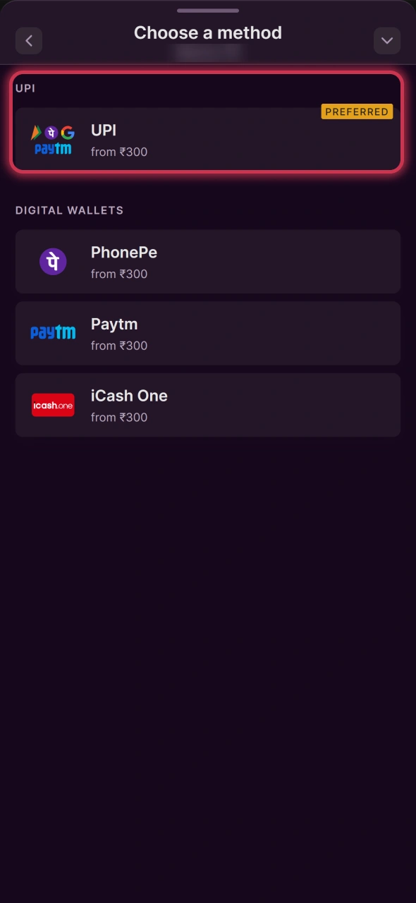 Select deposit method and top up your Batery account for cricket betting.