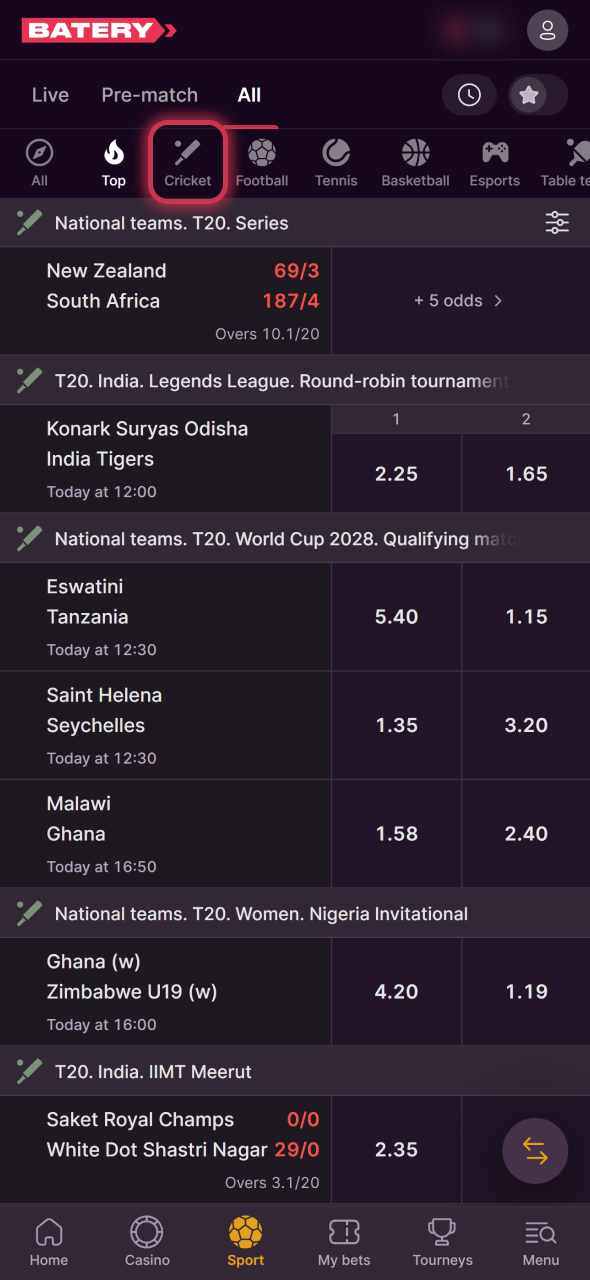 Tap on cricket at Batery Sportsbook.