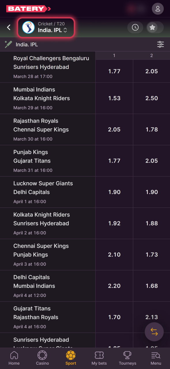 Go to cricket IPL 2026 section to choose match to bet on at Batery sportsbook.