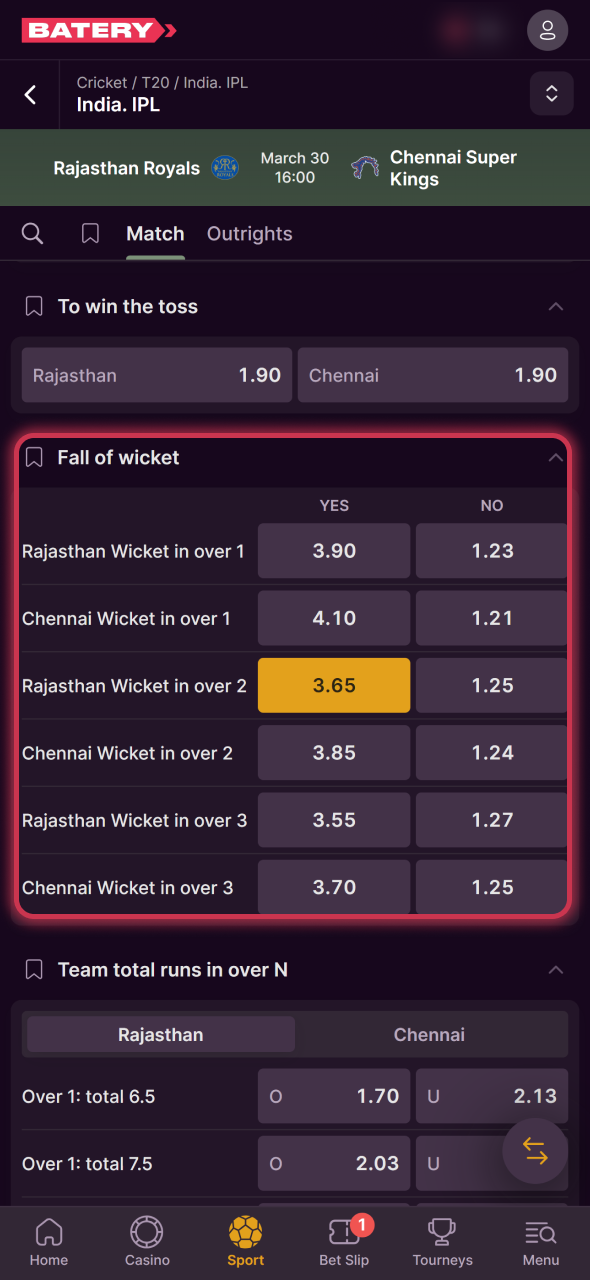 Select market and place your IPL bet at Batery sportsbook.