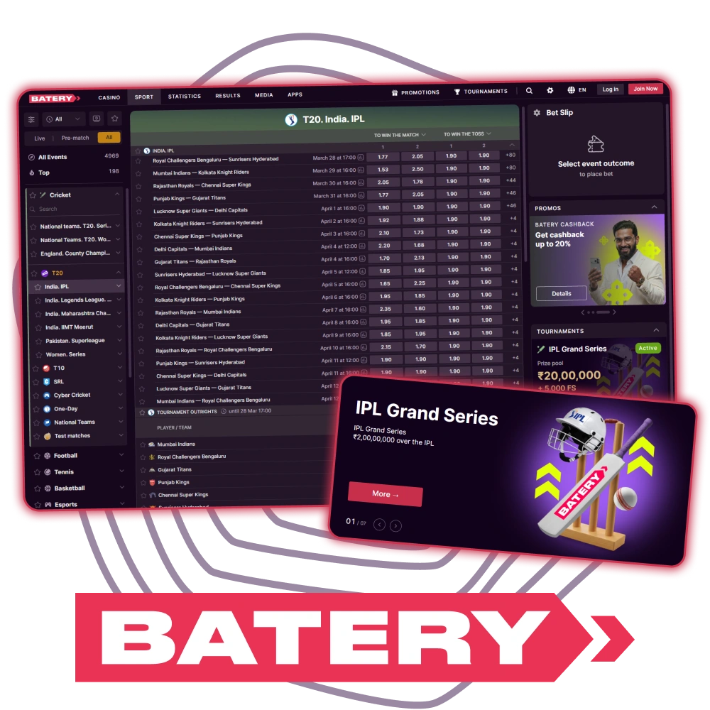 Bet on main cricket event IPL 2026 with Batery sportsbook.