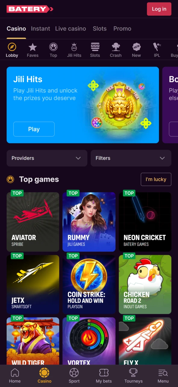 Play slots and live tables on the official Baterybet casino.