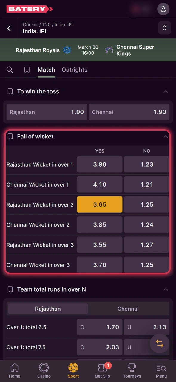 Select market and place your IPL bet at Batery sportsbook.