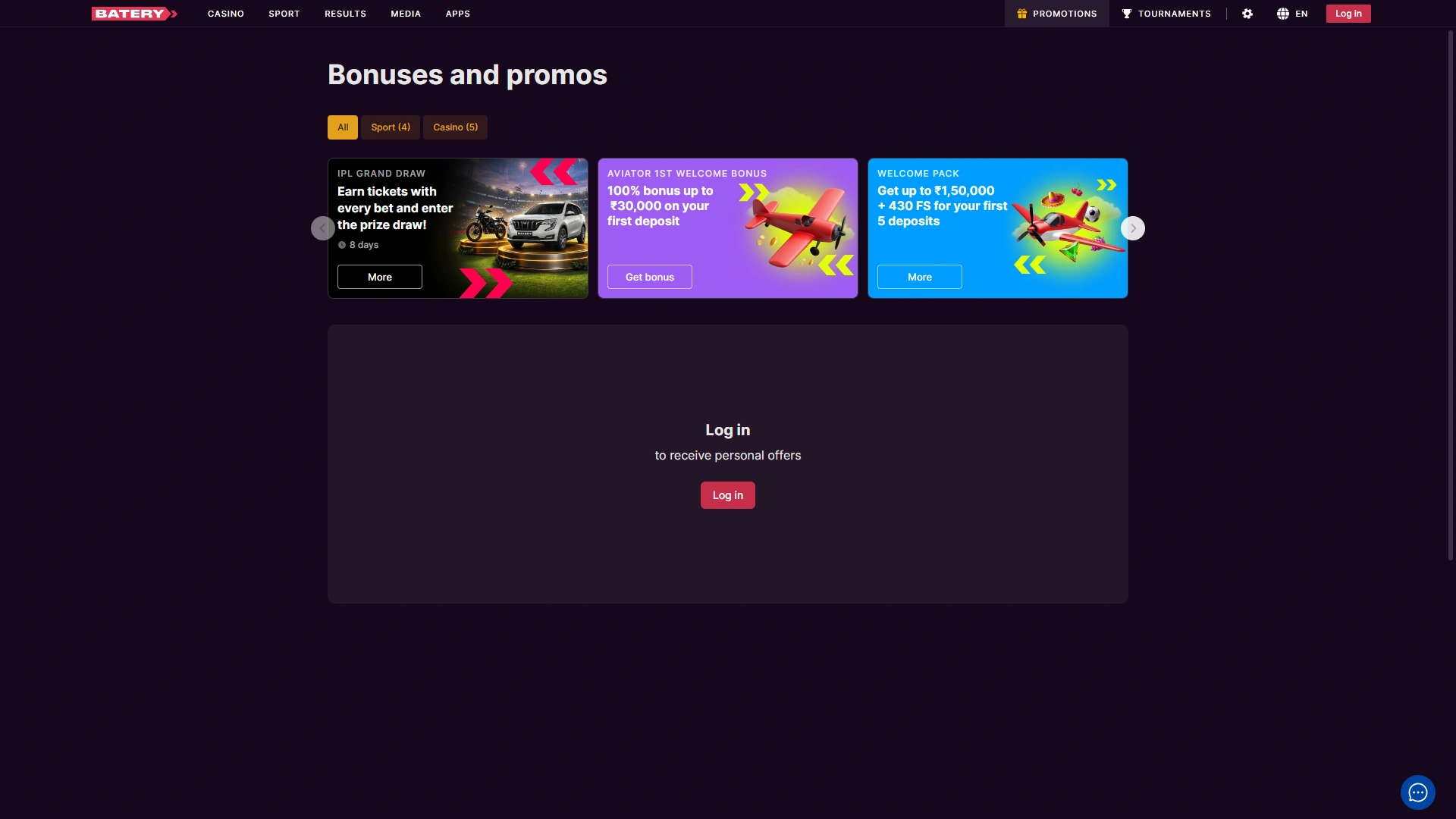 Batery promotions screen with welcome bonuses, free spins, and ongoing offers for players.