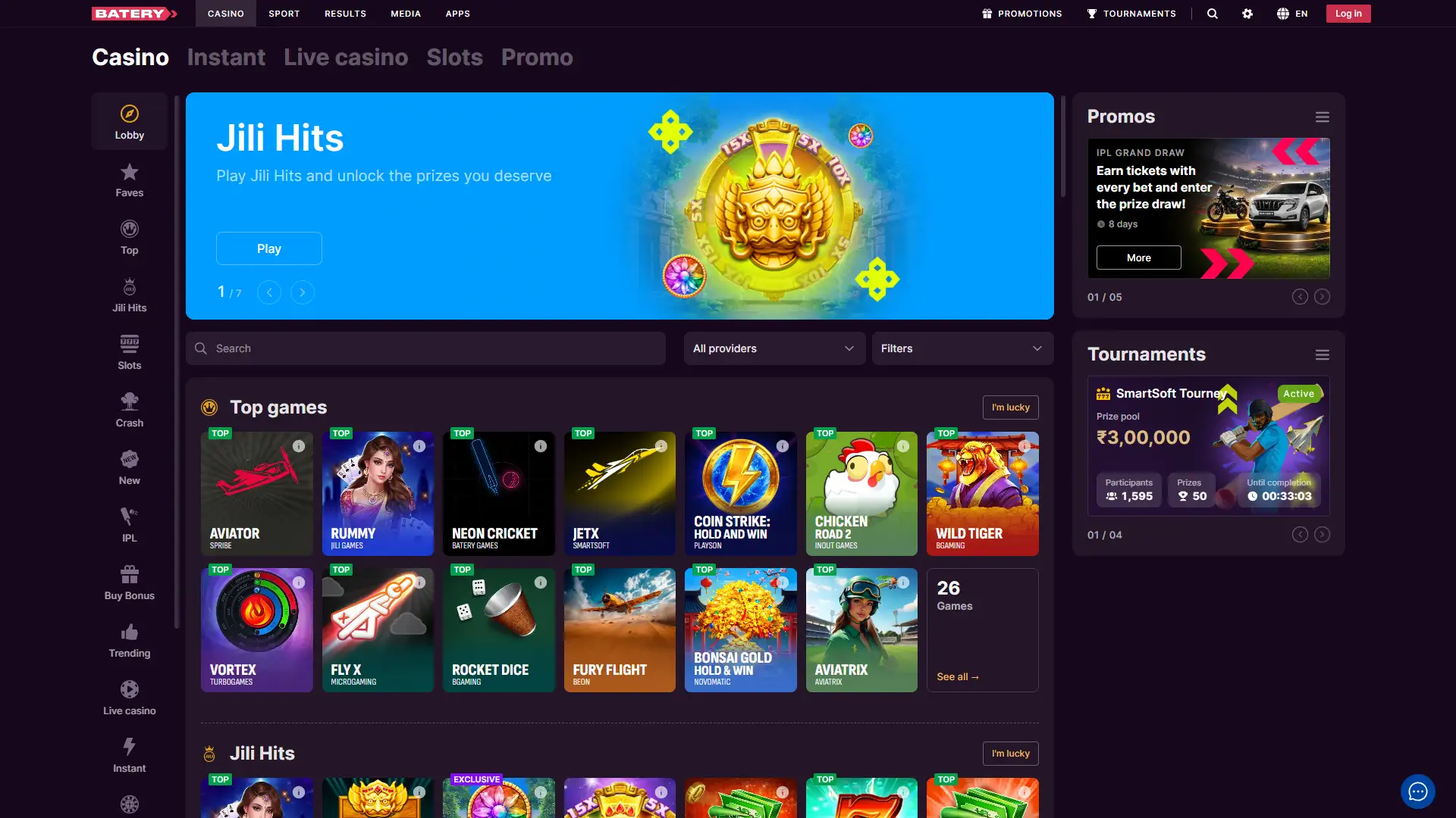 Batery casino interface displaying slots, table games, and live dealer options.