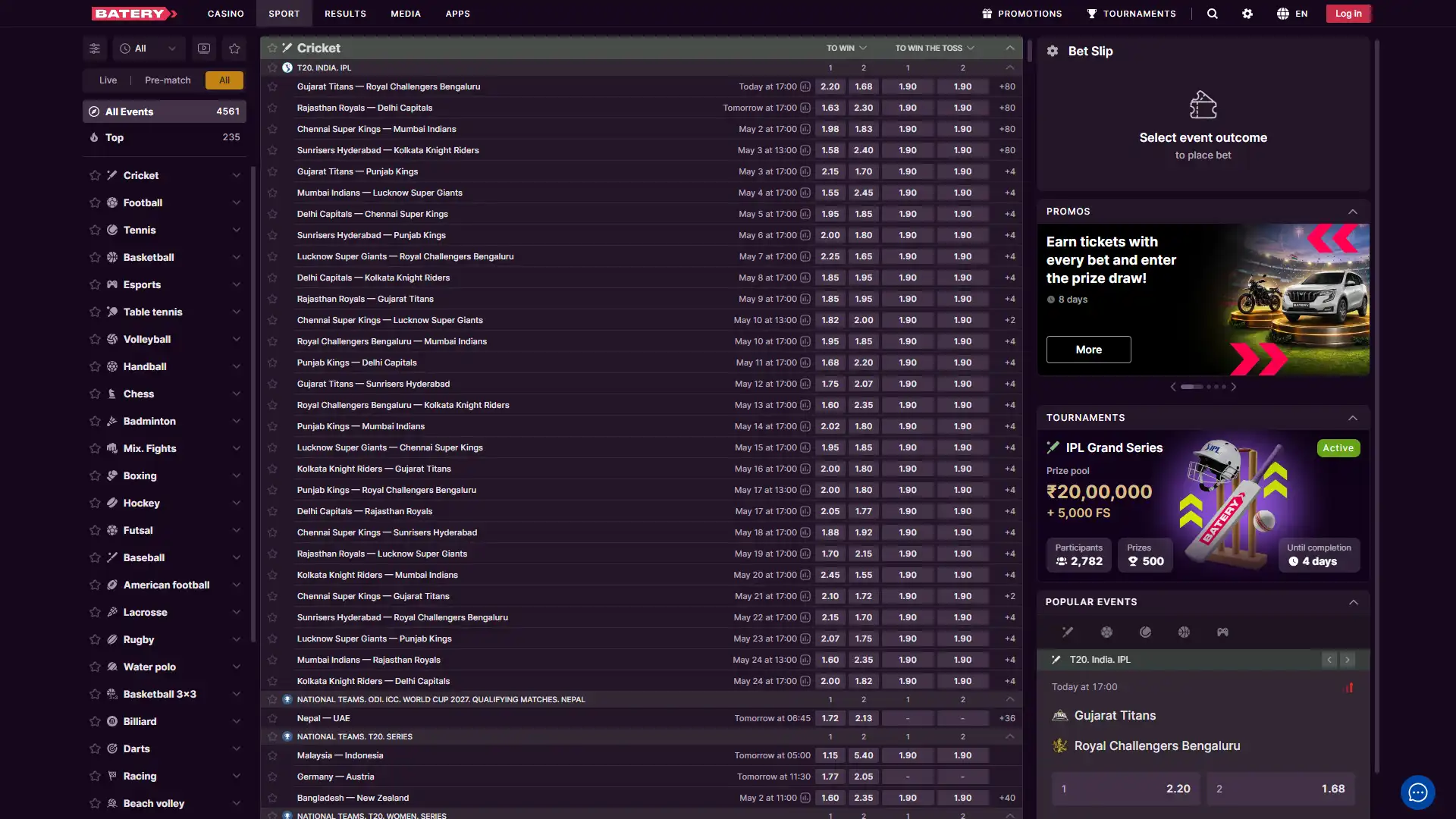 Batery sportsbook page highlighting cricket, football, esports, and betting markets.