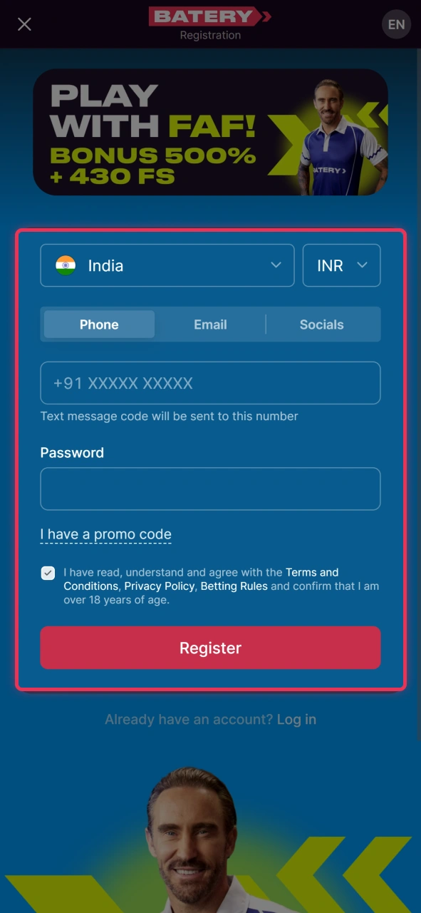 Fill Batery registration form with fields for phone or email password.