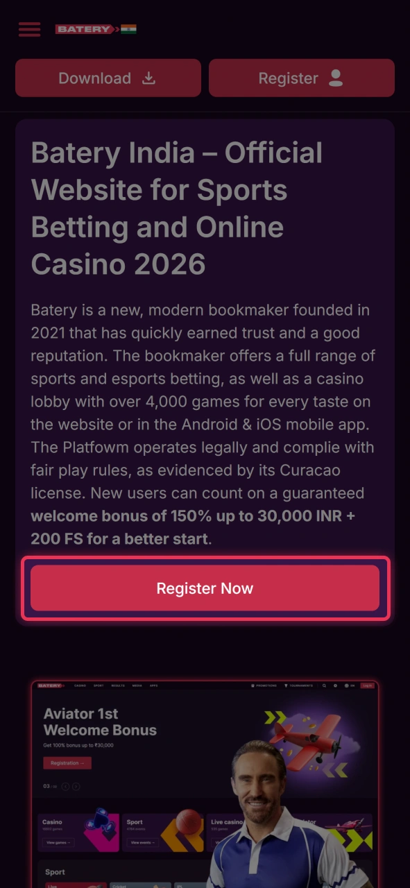 Click button on this page to join Batery casino.